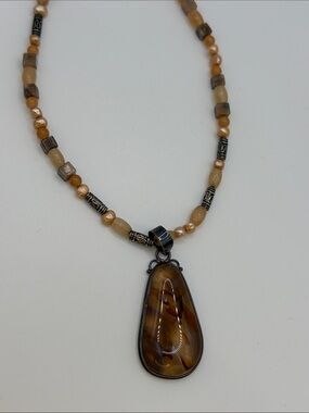 Sterling Silver 925, Stone, and pearl Handcrafted Brown Pendant Beaded Necklace
